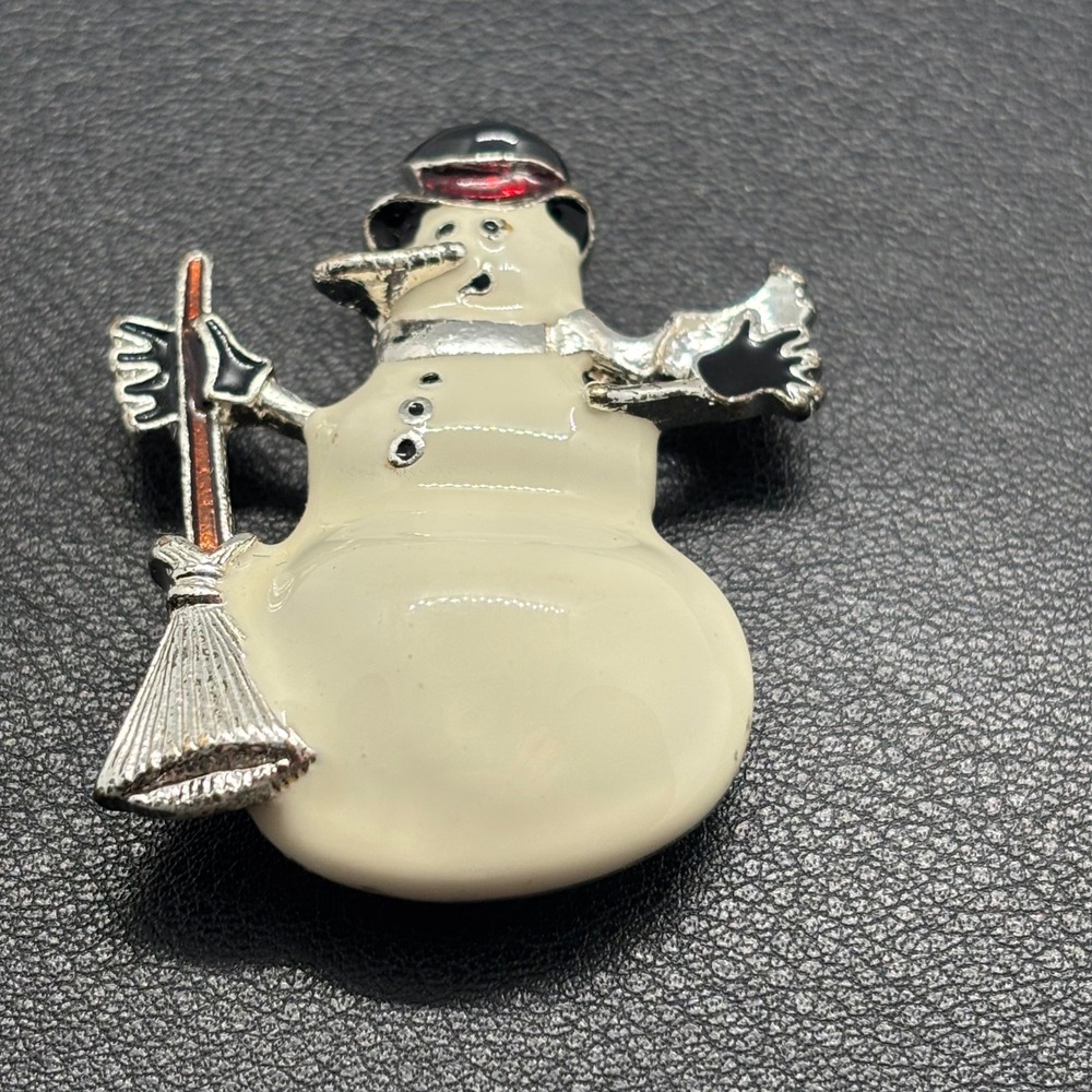 Vintage Snowman Brooch Enamel Christmas Holiday Pin Silver Tone Broom 1.75in